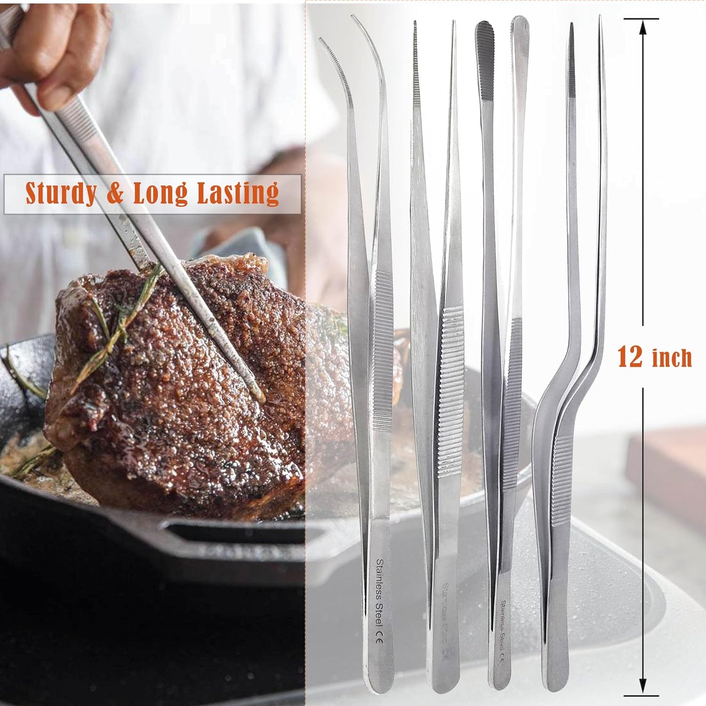 6 Inch Professional Culinary Stainless Steel Precision Tongs with Serrated Tips, Plating/Food Presentation Detailing Serving Tongs, Chef's Kitchen Tweezer Tongs - Ultra Non-Slip Grip