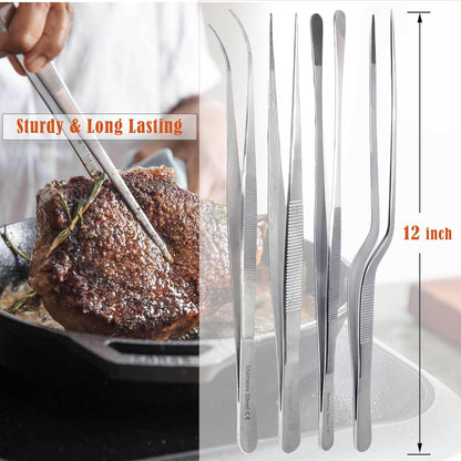 6 Inch Professional Culinary Stainless Steel Precision Tongs with Serrated Tips, Plating/Food Presentation Detailing Serving Tongs, Chef's Kitchen Tweezer Tongs - Ultra Non-Slip Grip