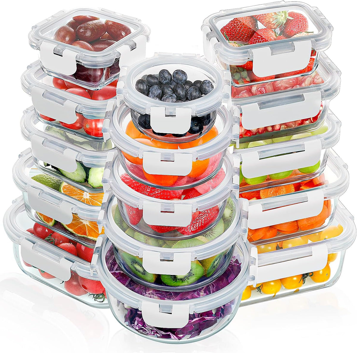 VERONES 30 Pieces Glass Meal Prep Containers Set, Stackable Glass Food Storage Containers with Lids-Airtight Lunch Containers，for Microwave, Oven, Freezer & Dishwasher,Grey