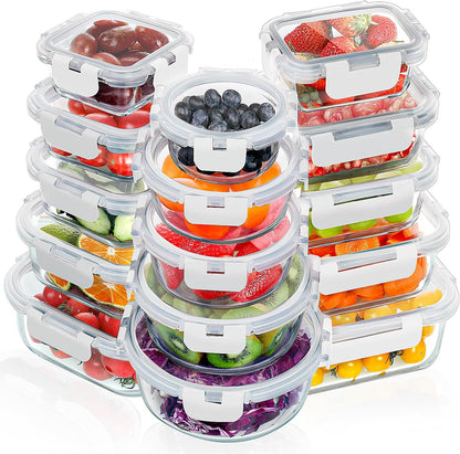 VERONES 30 Pieces Glass Meal Prep Containers Set, Stackable Glass Food Storage Containers with Lids-Airtight Lunch Containers，for Microwave, Oven, Freezer & Dishwasher,Grey