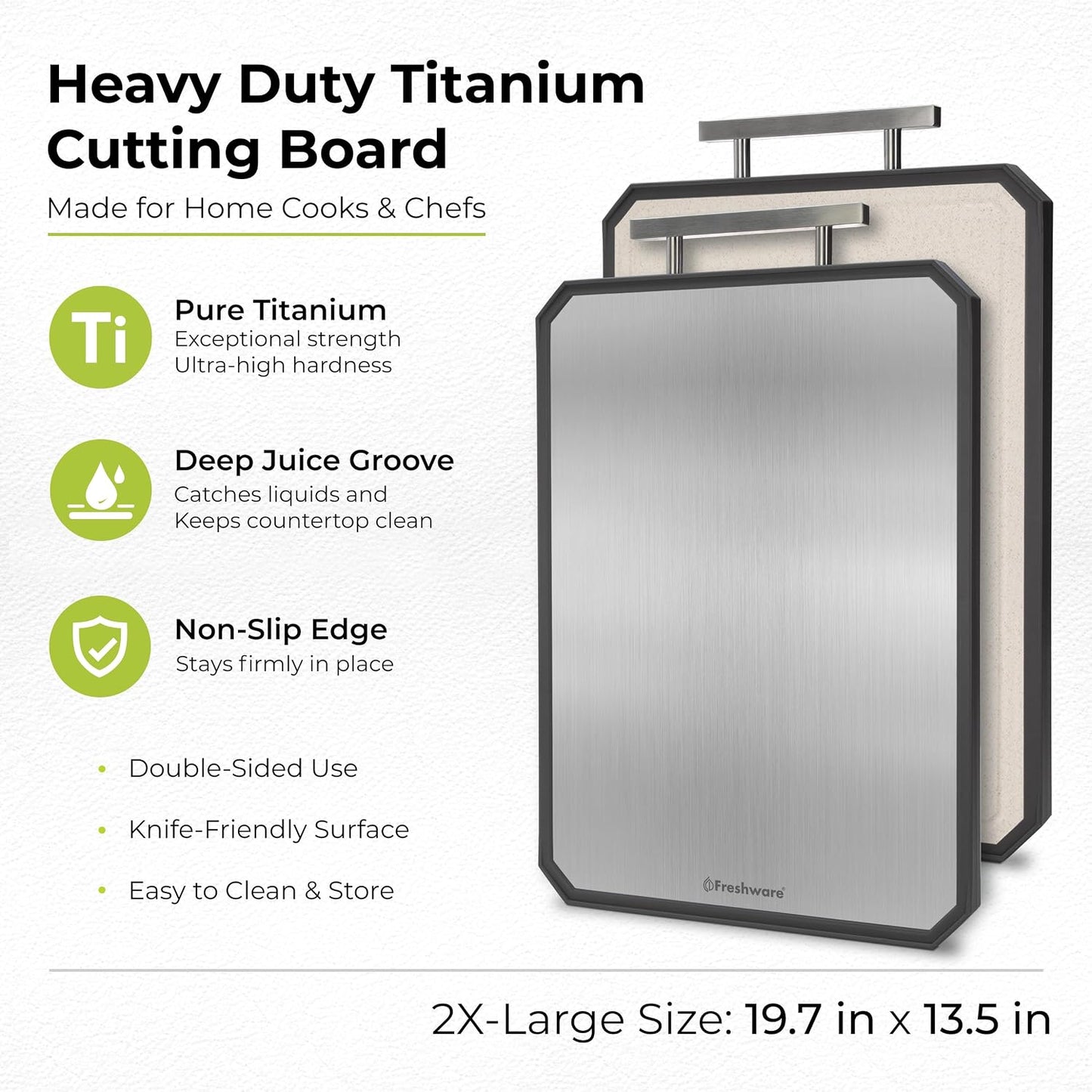 Freshware Titanium Cutting Board for Kitchen, Set of 2, Double Sided Cutting Boards, Pure Titanium/PP, Chopping Board with Juice Grooves, Dishwasher Safe, Medium 12.1" by 8.3" and Large 16.2" by 11"