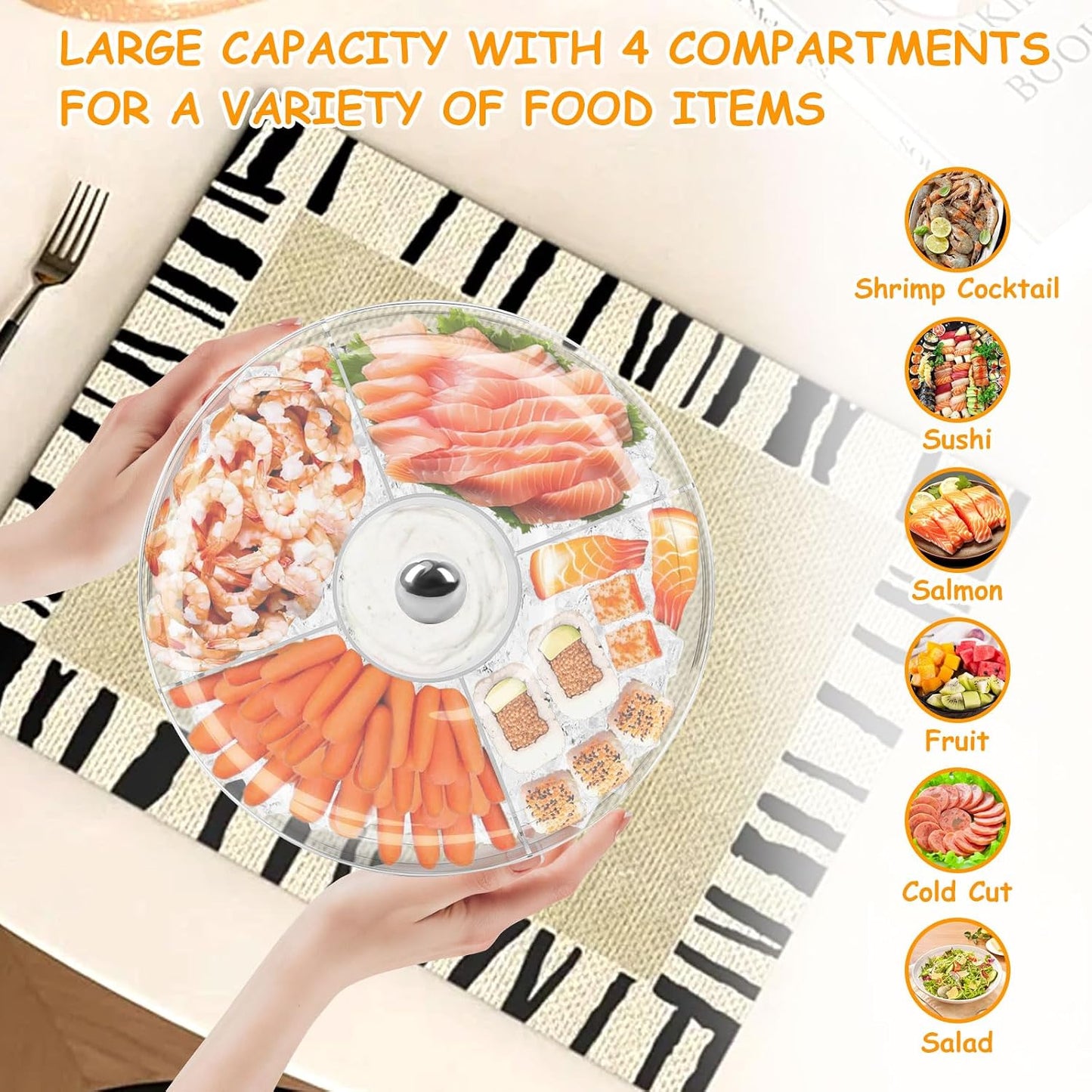 Chilled Serving Tray, Rotating Snack Tray with Lid, Chilled Veggie Tray Clear Fruit Trays for Serving for Party, Snack Box for Shrimp Sushi Appetizer