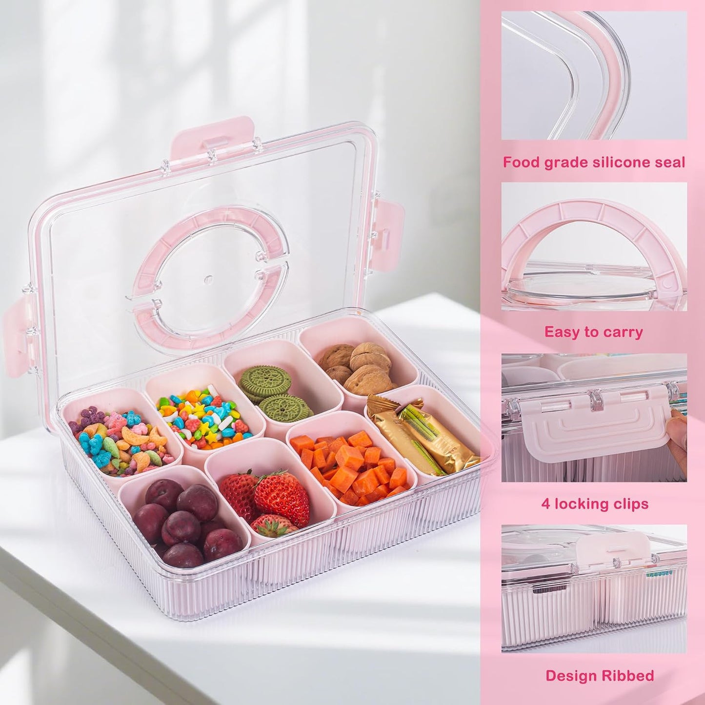 Patent Divided Serving Tray with Lid & Handle - Snackle Box Organizer for Charcuterie, Sandwiches, Veggies, Fruits, Candy - Portable Food Storage for Travel, Beach, Picnics（1 pcs, Orange）