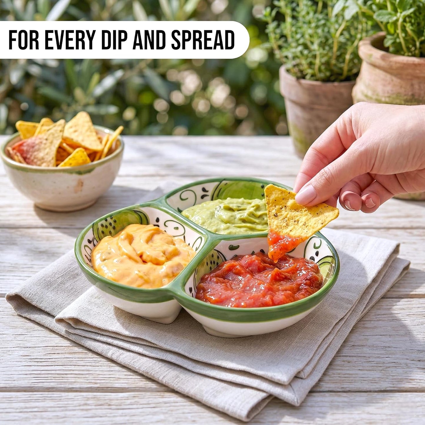 Ceramic Chip & Dip Bowl 7.5”, 3-Compartment Divided Serving Dish & Condiment Tray for Appetizers – Handmade in Spain, Lead-Free Glaze, Microwave, Oven & Dishwasher Safe