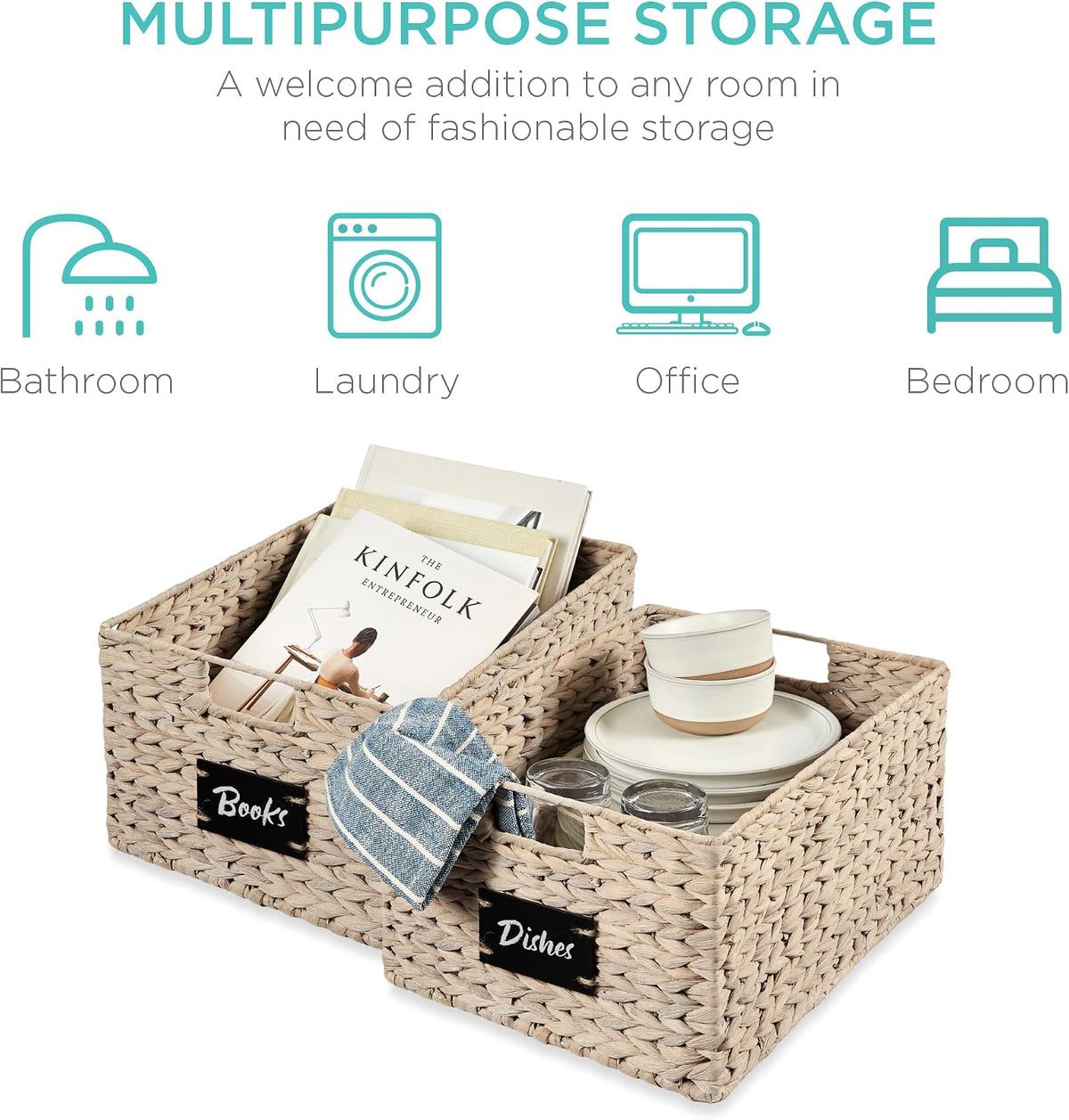Best Choice Products Set of 4 9x12in Water Hyacinth Pantry Baskets, Woven Organizers w/Chalkboard Label, Chalk Marker - Natural