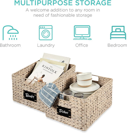 Best Choice Products Set of 4 9x12in Water Hyacinth Pantry Baskets, Woven Organizers w/Chalkboard Label, Chalk Marker - Natural