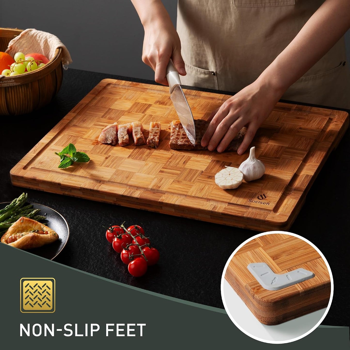 3 Pack Heavy Duty Bamboo Cutting Board Set Non Toxic Wooden Cutting Board for Kitchen Non Slip Solid End Grain Thick Wood Juice Groove Chopping Board Extra Large Butcher Block Best House Warming Gift