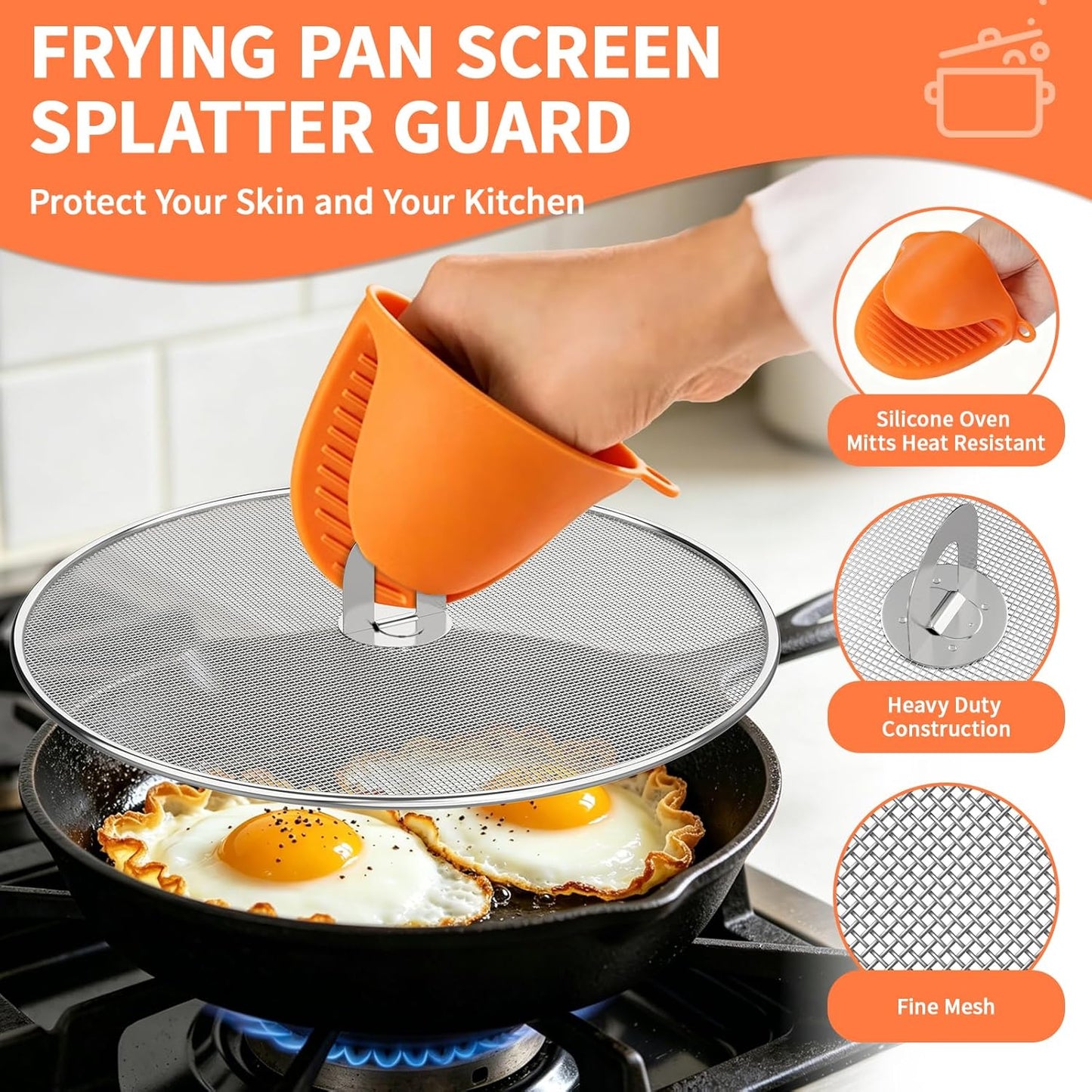 Splatter Screen for Frying Pan Set, 3 Pack 10"/11.5"/13" 304 Stainless Steel Grease Splatter Guard with Foldable Handle & Silicone Oven Mitts, Dishwasher Safe