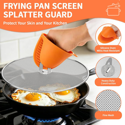 Splatter Screen for Frying Pan Set, 3 Pack 10"/11.5"/13" 304 Stainless Steel Grease Splatter Guard with Foldable Handle & Silicone Oven Mitts, Dishwasher Safe