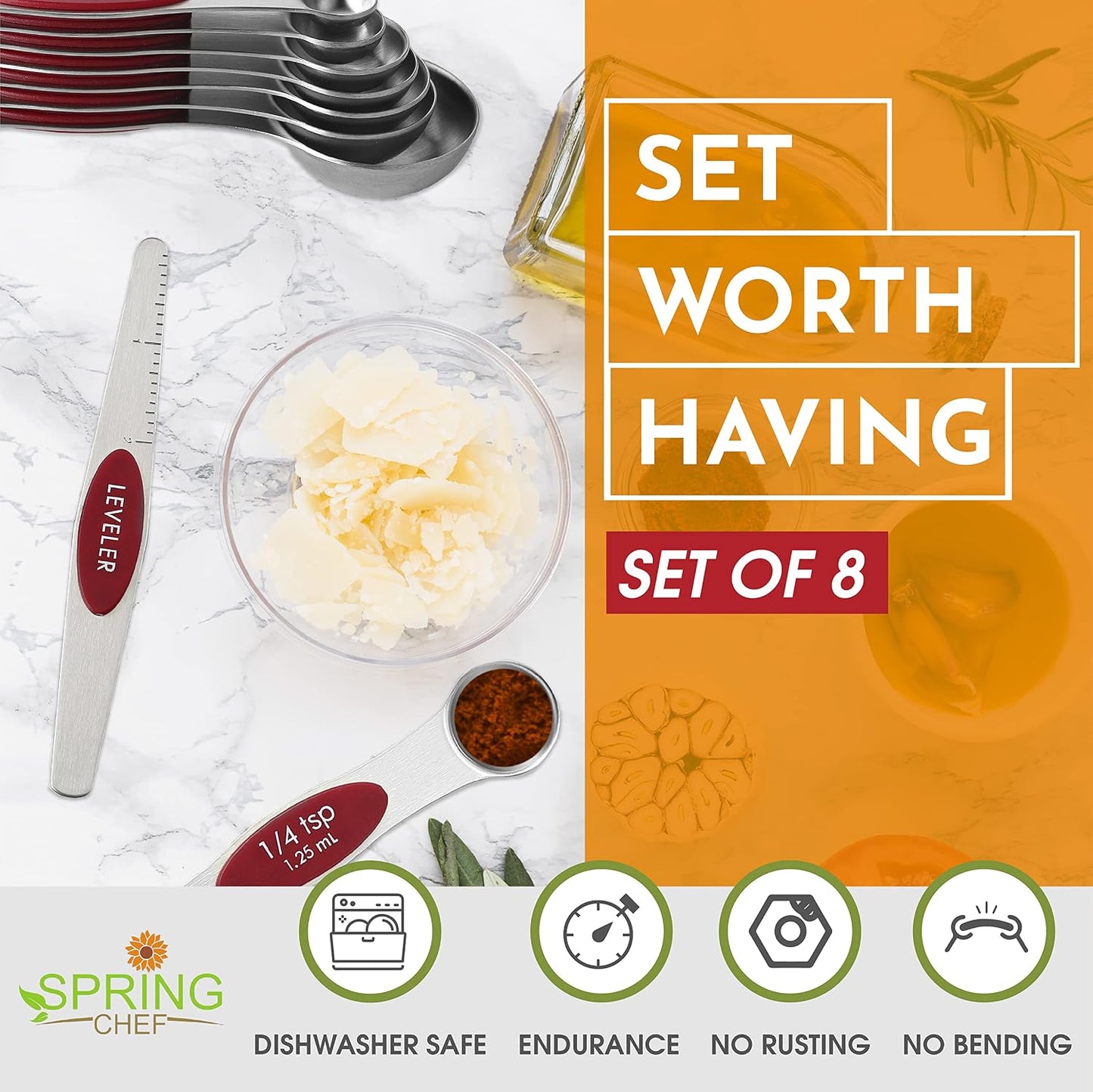 Spring Chef Stainless Steel Magnetic Measuring Spoons Set with Strong N45 Magnets, Heavy Duty Metal Kitchen Gadgets for Baking & Cooking, Fits in Most Kitchen Spice Jars, Set of 8 with Leveler, Black