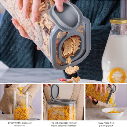Kilner 3 Litre Glass Cereal Dispenser | Storage Jar with Airtight Glass & Silicone Lid | Easy-Pour Spout for Mess-Free Serving | Food Dispenser for Cornflakes, Beans, Granola and Pet Food
