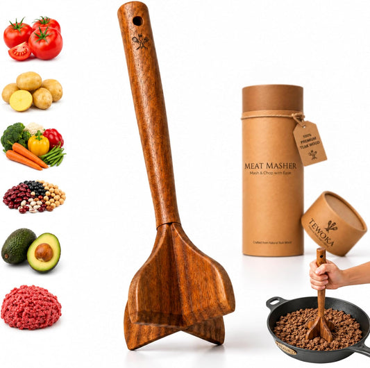 Premium Teak Wood Meat Masher, Wooden Meat Chopper for Ground Beef, 4-Fin Hamburger and Potato Masher, Non-Scratch Tool for Nonstick Cookware