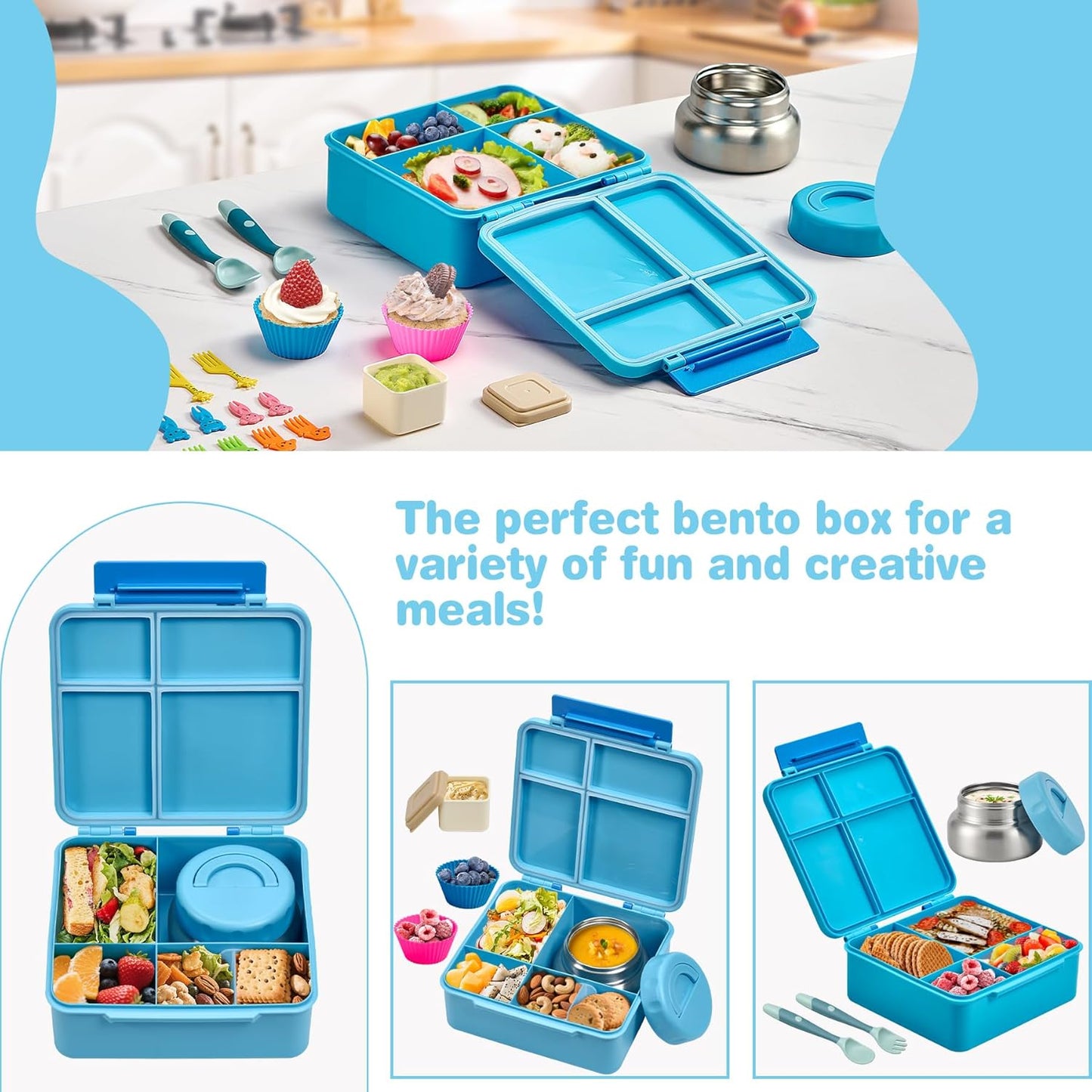 Bento Lunch Box with 9.5 oz Soup Thermo, Kids Leakproof 4 Compartments Bento Box with Silicone Cupcake,Fruit Fork,Spoon and Sauce Cup,Insulated Food Jar for School Travel-Black