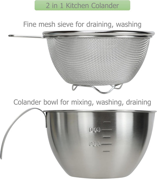 EIKS Stainless Steel Mixing Bowls with Strainers for Mixing Batter Egg Cream & Washing Draining Fruit Rice Beans Grains, Capacity of Bowl is 1000ml/1-Quart