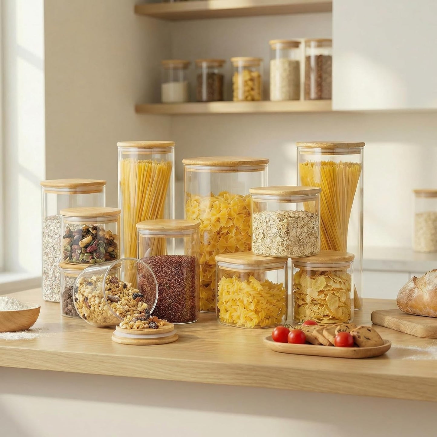Extra Large Square Glass Flour & Sugar Storage Containers with Airtight Lids, 168 floz - 2 Pack Glass Jars with Bamboo Lids for Pantry, Air tight Food Storage Containers for Cereal, Pasta, Rice