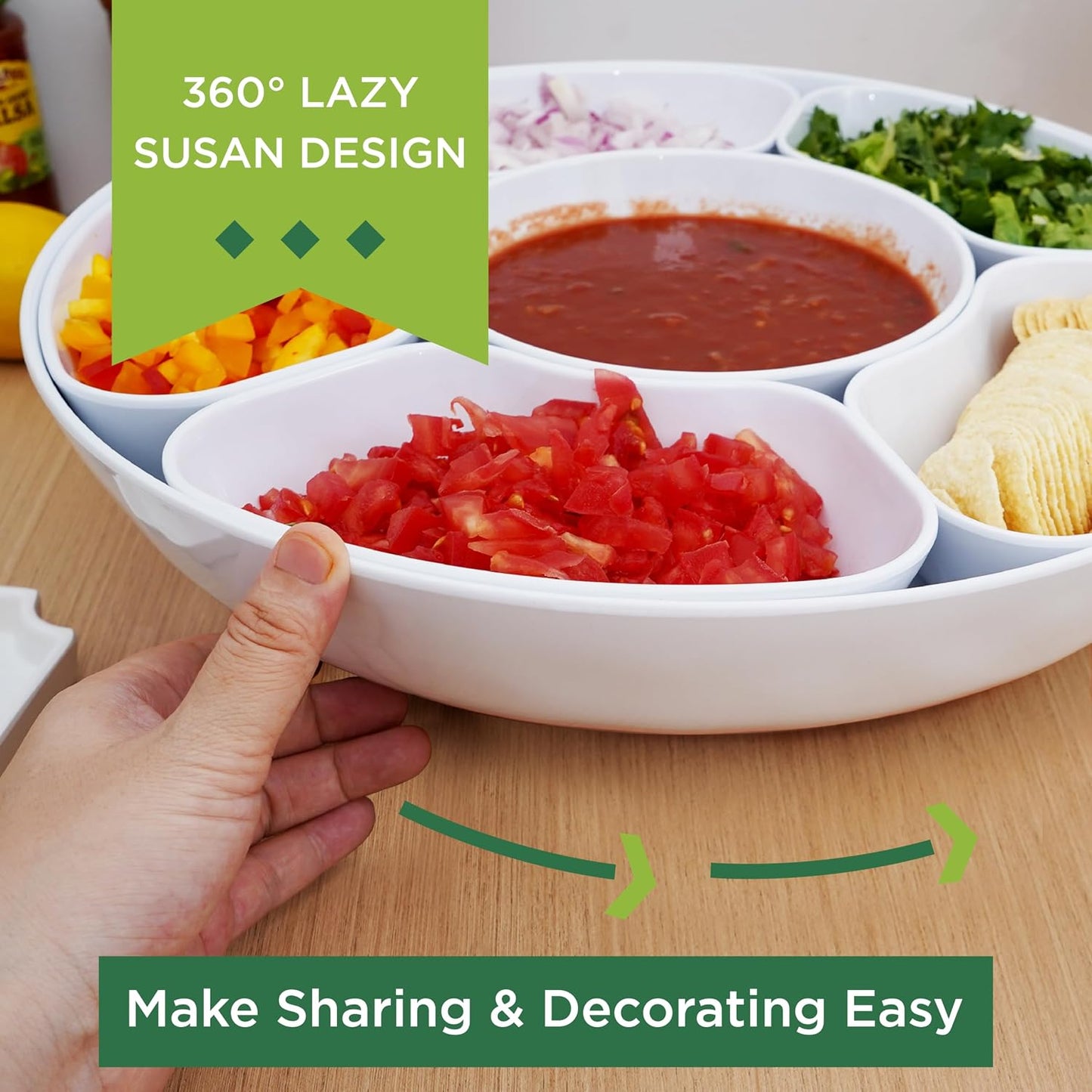 TP Taco Bar Serving Set, Melamine Serving Platter with Lazy Susan, Serving Tray and Bowls, Taco Tuesday Kit Snack Holder for Party and Fiesta, White