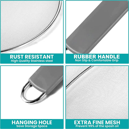 13" Grease Splatter Screen for Cooking | Stainless Steel Oil Splatter Guard and Ultra-Fine Mesh Protects Skin from Burns | TPR Tight-Grip Handle (Black)