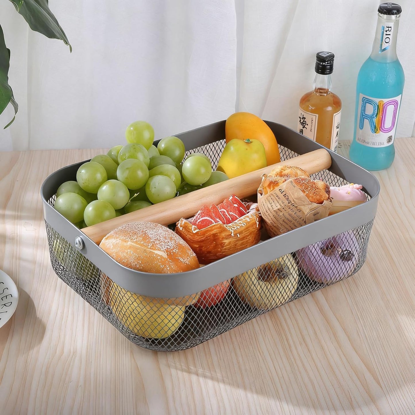 AJIODA Metal Mesh Steel Storage Basket, Garden Harvest Wire Organizer Basket Multi-functional Kitchen Fruit Basket with Wooden Removable Partition & Handle for Bathroom Picnic Decor Cabinet, Grey