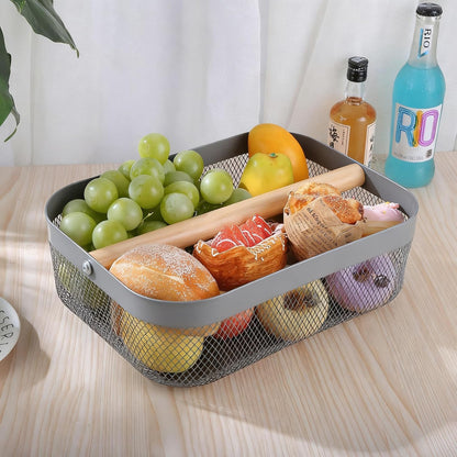 AJIODA Metal Mesh Steel Storage Basket, Garden Harvest Wire Organizer Basket Multi-functional Kitchen Fruit Basket with Wooden Removable Partition & Handle for Bathroom Picnic Decor Cabinet, Grey