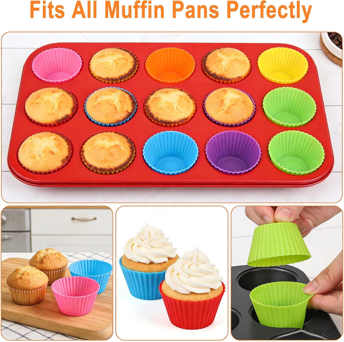 Reusable Non-Stick Silicone Baking Cups, Food Grade BPA Free Cupcake Muffin Liners, Oven & Dishwasher Safe Easy Release, Multicolor Rainbow, 24 Pack, for Muffins Cupcakes