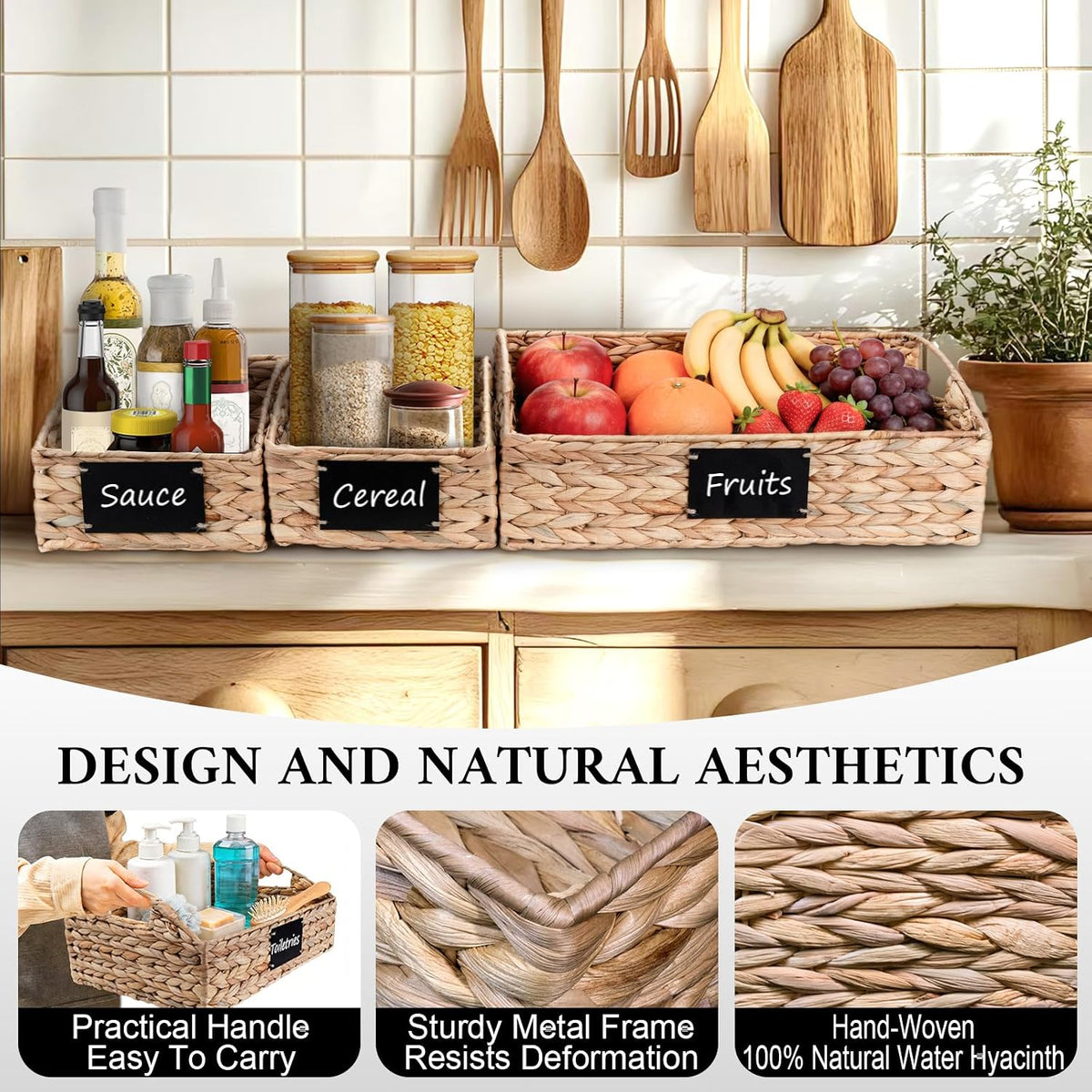 Set of 4 Sizes Hand-Woven Pantry Shelf Baskets, Hyacinth Storage Baskets with Chalkboard Labels & 2 Chalk Markers, Wicker Nestable Basket Set for Organizing Pantry Kitchen Laundry Shelves (Brown)