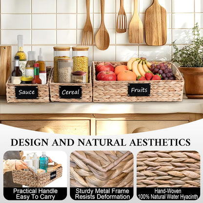 Set of 4 Sizes Hand-Woven Pantry Shelf Baskets, Hyacinth Storage Baskets with Chalkboard Labels & 2 Chalk Markers, Wicker Nestable Basket Set for Organizing Pantry Kitchen Laundry Shelves (Brown)