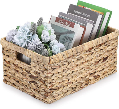 Hipiwe Water Hyacinth Storage Basket Bin Handwoven Decorative Basket Large Wicker Baskets Box with Handles Open Storage Bin Rectangular Baskets Containers for Shelf Pantry Organizing