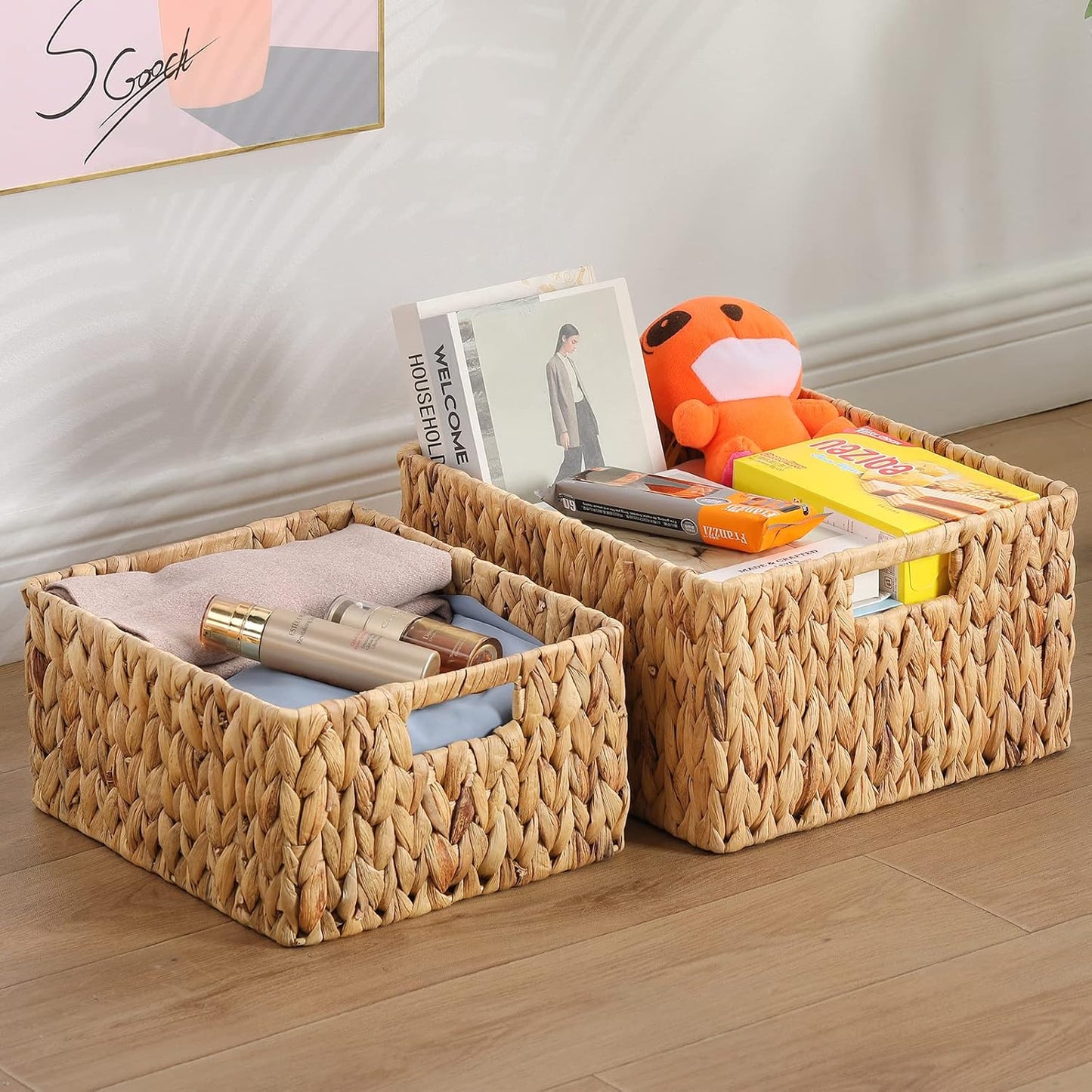 HOONEX Water Hyacinth Storage Baskets, Wicker Baskets for Storage, Hand Woven Baskets with Carry Handles, Set of 2, Natural