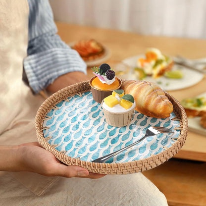 Round Rattan Tray with Mother of Pearl Inlay, Rattan Serving Tray for Coffee, Bread, Fruits, Decorative Wicker Tray for Table Decor, Home Decor, Kitchen Island Decor(Black Checkerboard, 11.8")