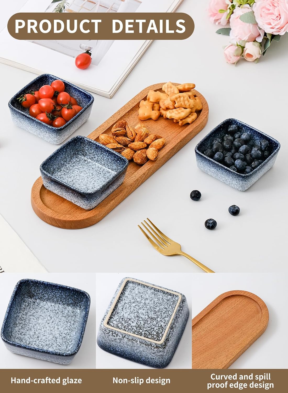 Chip and Dip Serving Set, Ceramic Dipping Sauce Bowls with Wooden Tray, 3.5 inch Side Dishes Set of 3 for Entertaining, Party, Buffets, Appetizers, Snacks and Sushi, Blue