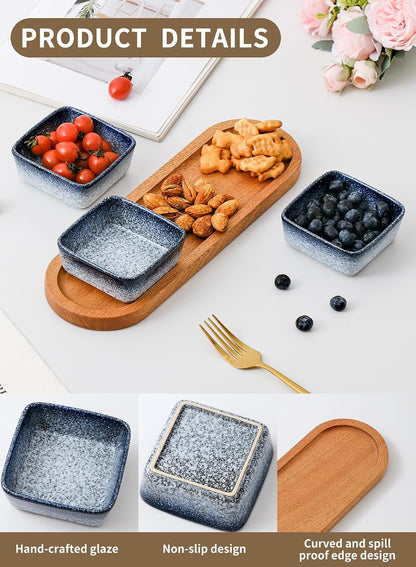 Chip and Dip Serving Set, Ceramic Dipping Sauce Bowls with Wooden Tray, 3.5 inch Side Dishes Set of 3 for Entertaining, Party, Buffets, Appetizers, Snacks and Sushi, Blue