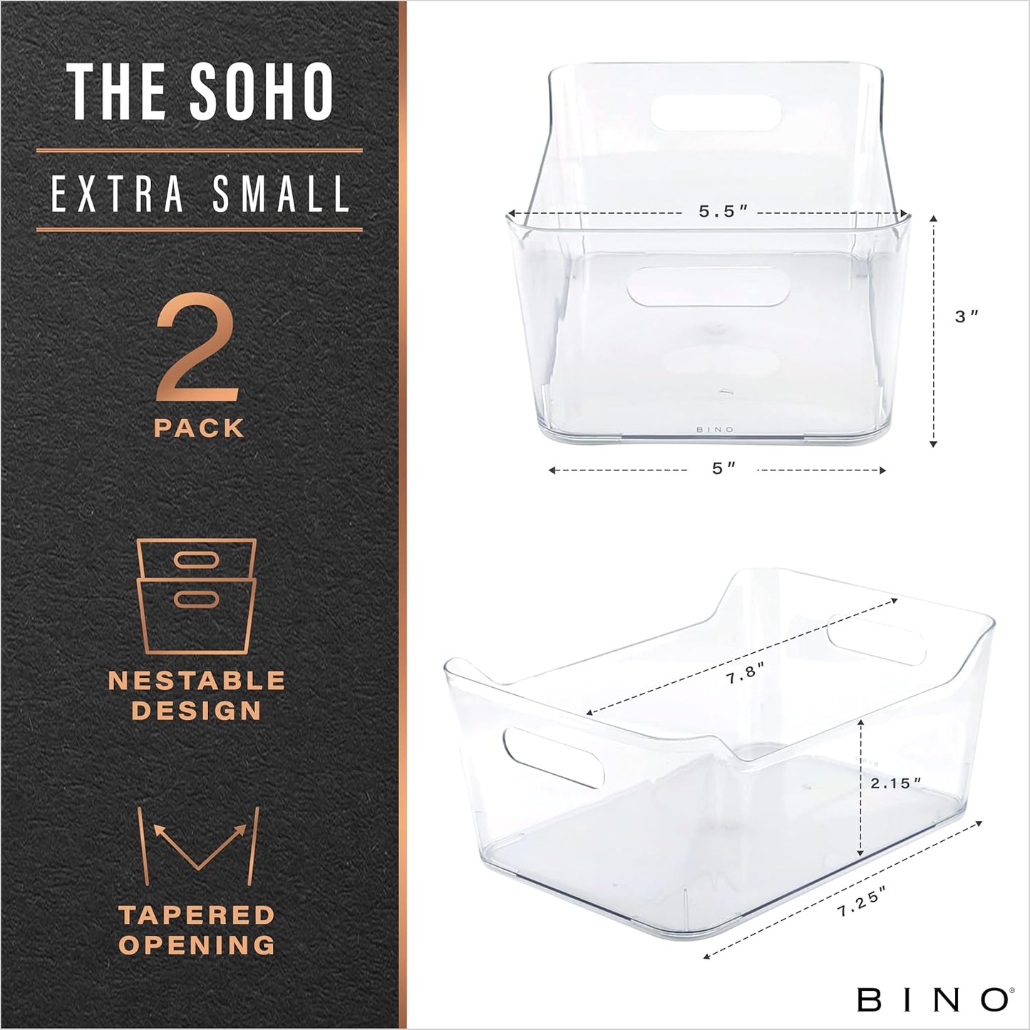 BINO | Plastic Storage Bins, Large - 2 Pack, Clear | THE SOHO COLLECTION | Pantry Organizers and Storage Containers | Fridge Organizer Bins | Kitchen Cabinet Organizer | Medicine Cabinet Bin