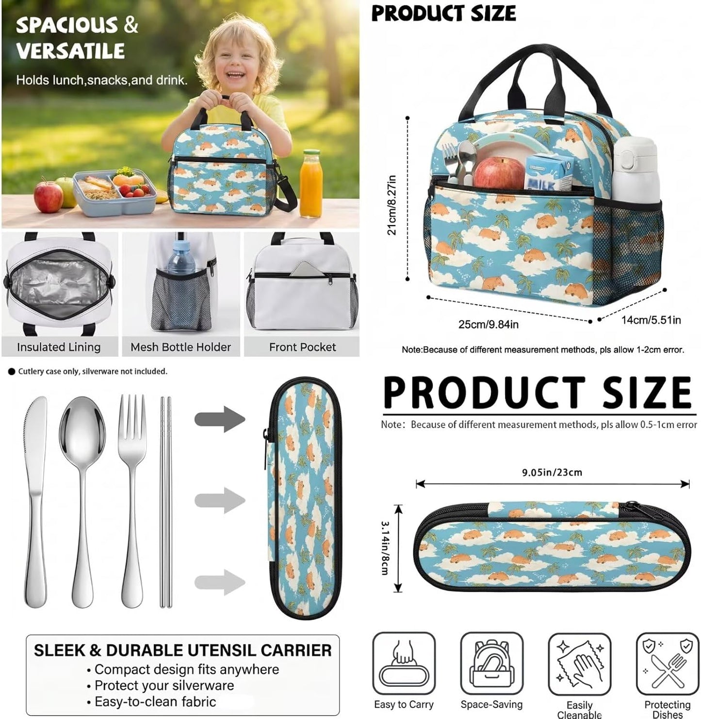 Cute Capybara Pizza Backpack for Girls, 5 Pcs Boys School Bag Set for Kids, 17 Inch Backpacks Lunch Pencil Box Reusable Utensils Case Set for Middle Elementary School, 3rd Grade Backpack