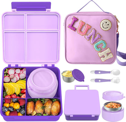 Aimsnk Kids Bento Lunch Box with 8oz Soup Thermo, Kids Leakproof Lunch Food Containers with 4 Compartment,Insulated Hot Food Jar with Lunch Bag for School, Travel (Pink)