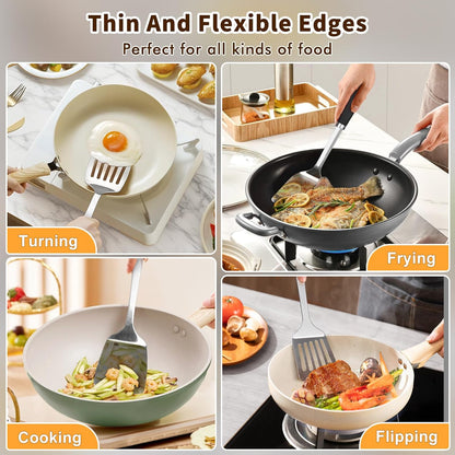 2 Pcs Stainless Steel Spatulas Set, Metal Spatula Solid & Slotted Turner, Heavy Duty Sturdy Spatula for Kitchen Use, High Heat Resistant Cooking Utensils for Fish Eggs Pancakes, Easy to Clean, Silver