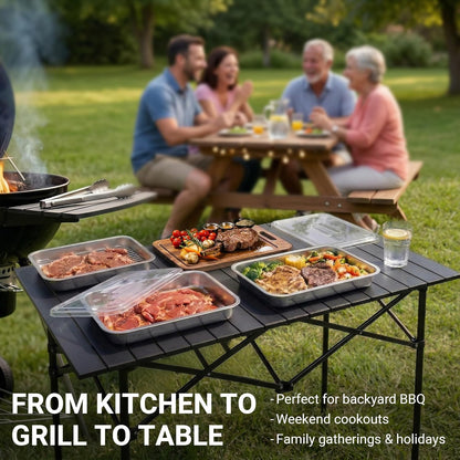 Grilling Prep and Serve Trays with Spill-Reducing Lids, 304 Stainless Steel BBQ Grill Carry System with Drain Board & Acacia Cutting Board