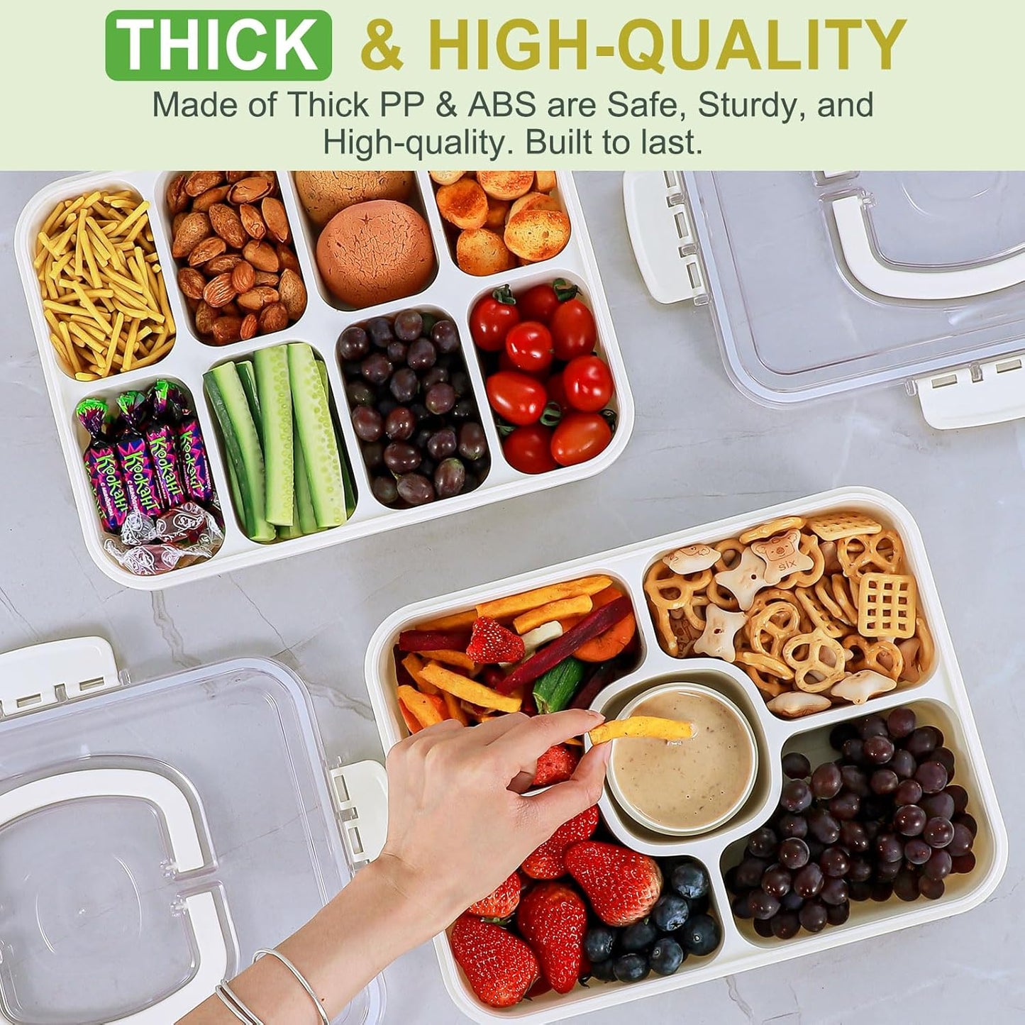 Caperci Large Portion Snackle Box Container - 5 Compartments Veggie Fruit Snack Divided Serving Tray with Lid and Dip Container for Party Picnic, Leak-Proof, Dishwasher Safe, BPA-Free (10.7 Cups)