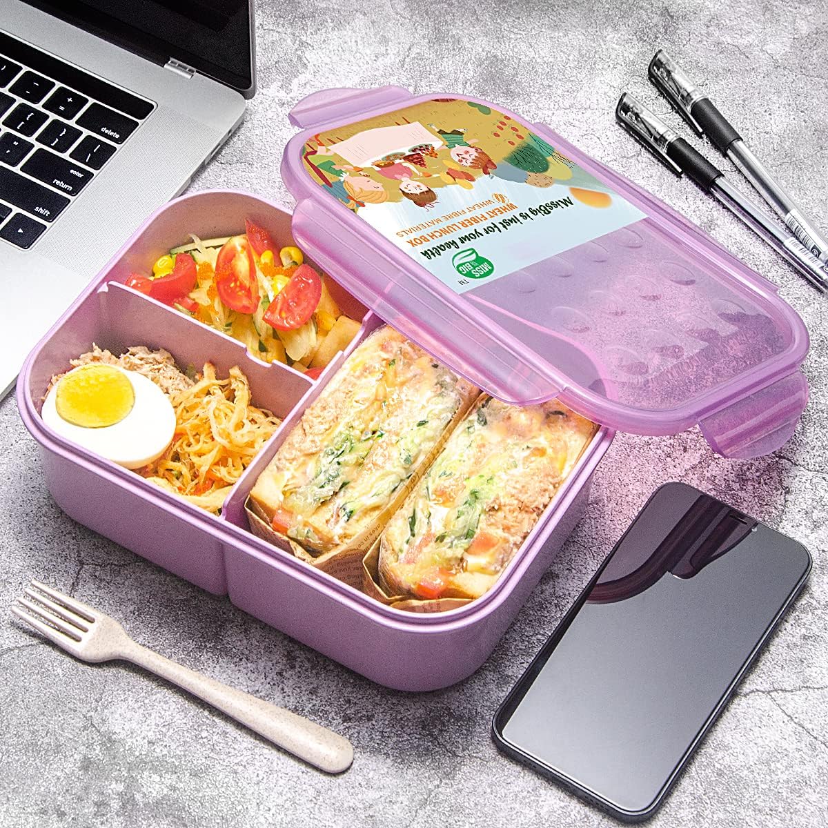 MISS BIG® Bento Box,Bento Box Adult,Lunch Box,Leak Proof Lunch Containers,No BPAs and No Chemical Dyes Bento Lunch Box,Dishwasher and Microwave Safe Lunch Containers for Adults(1900ml Gray)