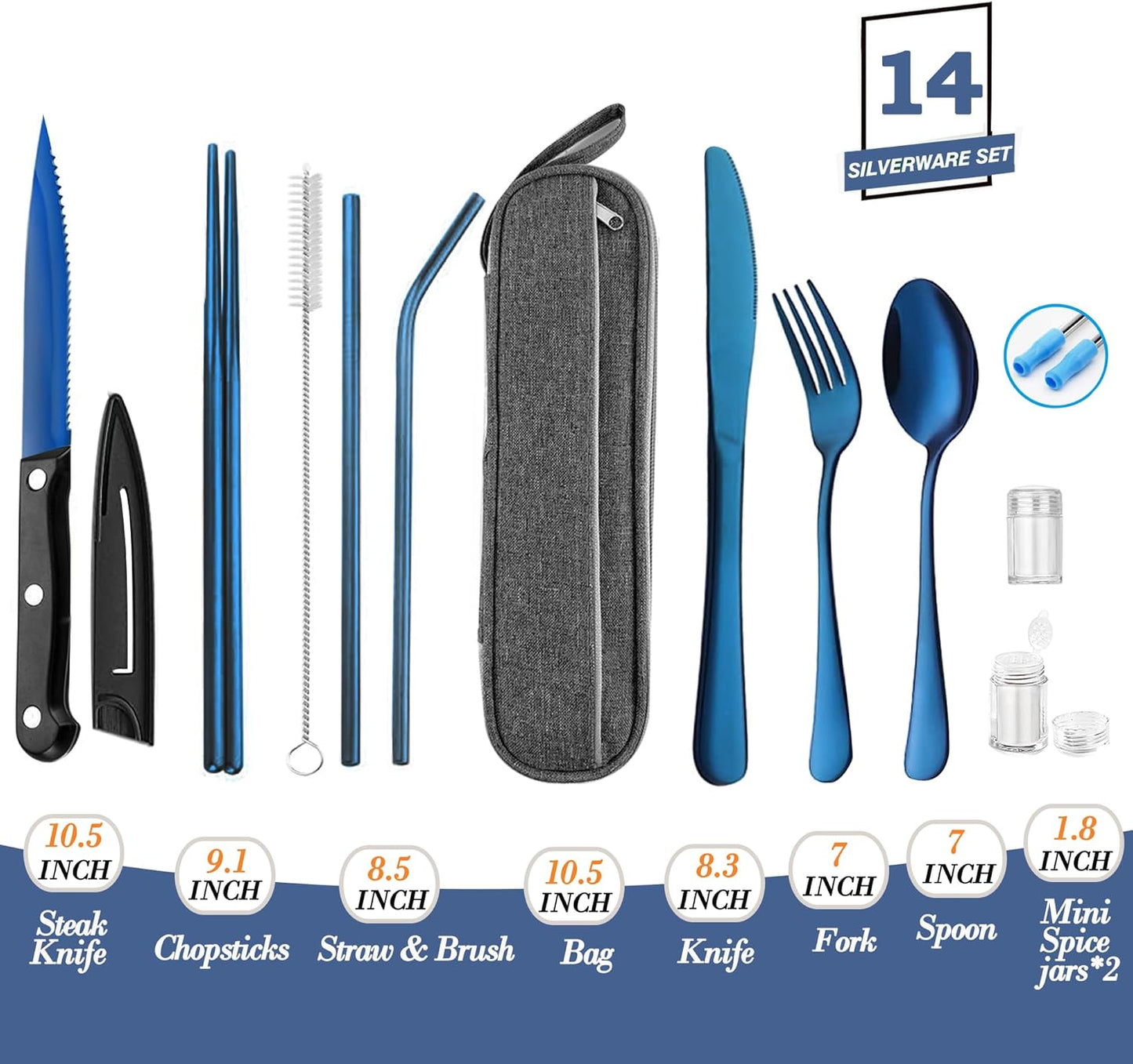 Portable Reusable Travel Utensils Silverware With Case, Camping Cutlery Set, Chopsticks and Straw, Flatware With Case, Stainless Steel Top (Silver)