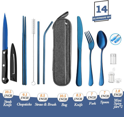 Portable Reusable Travel Utensils Silverware With Case, Camping Cutlery Set, Chopsticks and Straw, Flatware With Case, Stainless Steel Top (Silver)