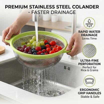 HiramWare Stainless Steel Colander with Handle and Legs, 5 Qt, Green