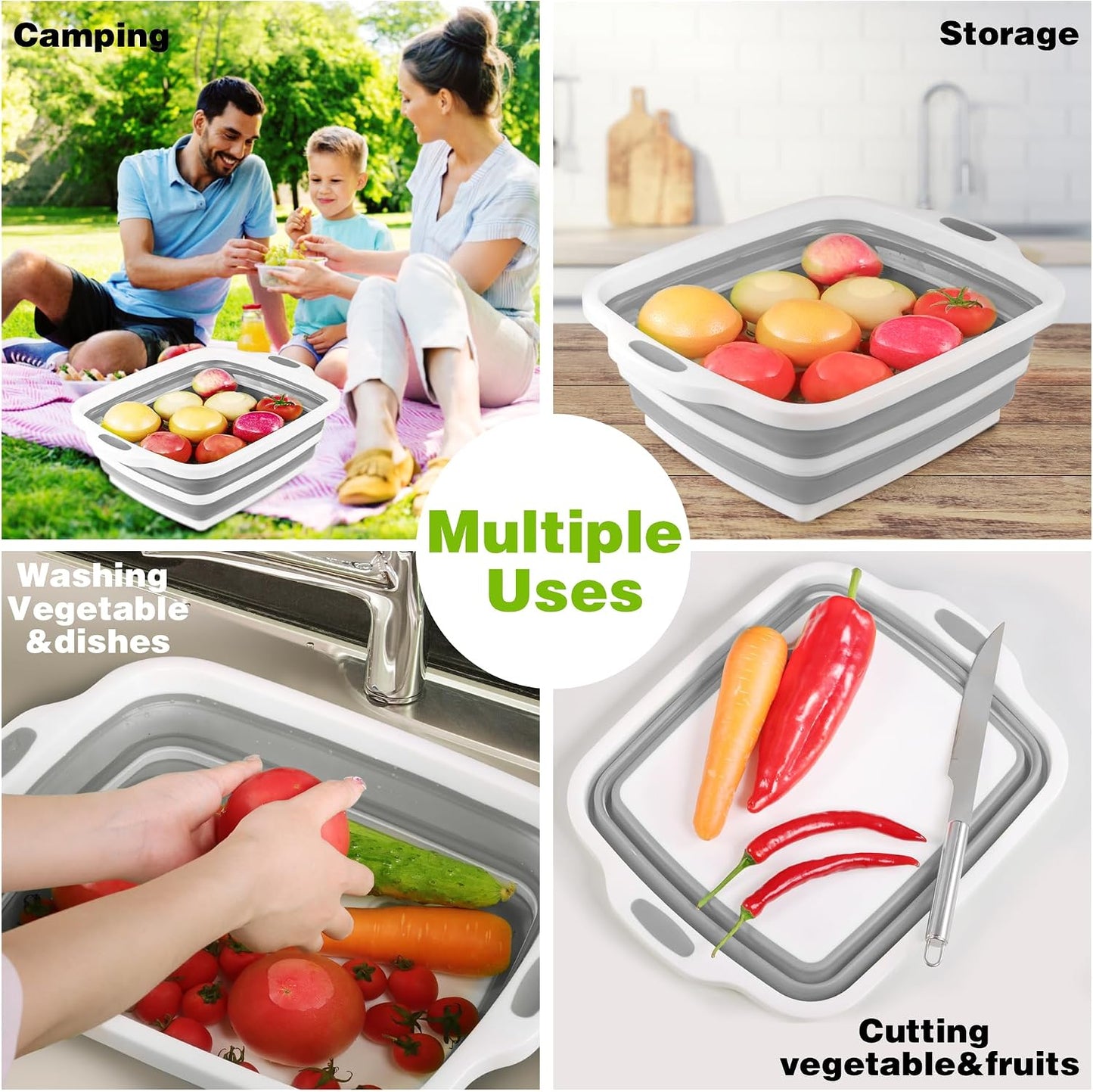 2 Pack Collapsible Cutting Board, Foldable Dish Tub with Draining Hole, Portable Chopping Board with Colander, 3 in 1 Multifunction Camping Sink for Washing Dish, Bowl, Vegetables and Fruit