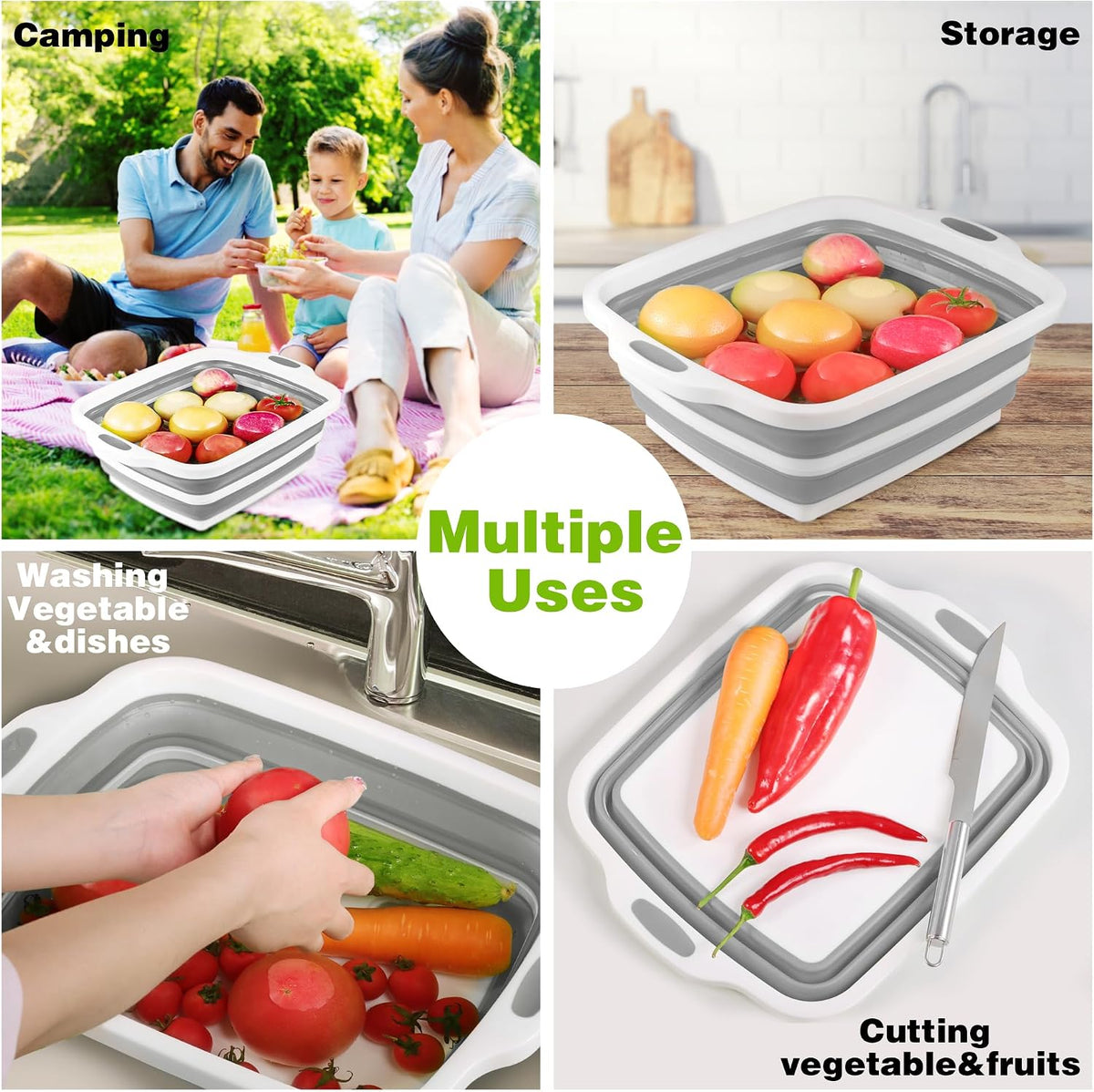 2 Pack Collapsible Cutting Board, Foldable Dish Tub with Draining Hole, Portable Chopping Board with Colander, 3 in 1 Multifunction Camping Sink for Washing Dish, Bowl, Vegetables and Fruit