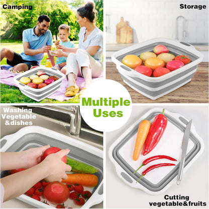 2 Pack Collapsible Cutting Board, Foldable Dish Tub with Draining Hole, Portable Chopping Board with Colander, 3 in 1 Multifunction Camping Sink for Washing Dish, Bowl, Vegetables and Fruit