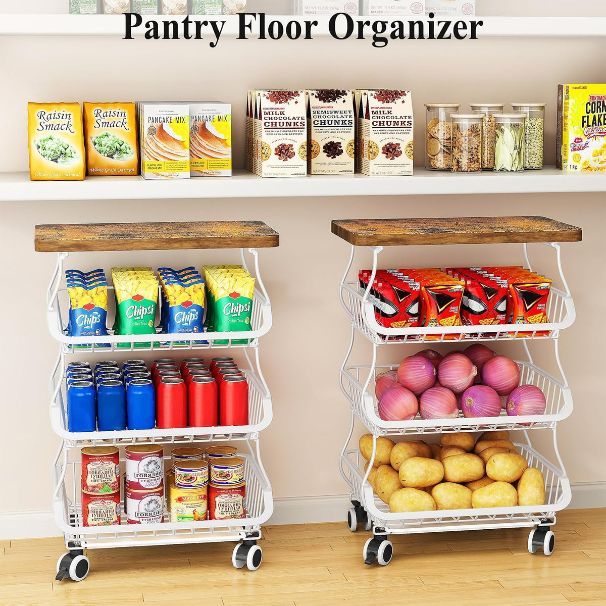 SAYZH Fruit Basket Kitchen Pantry Organizers and Storage - Wooden Top Table, Stackable Metal Wire Basket Stand Cart for Fruit Vegetable Snacks Onion Potato Organization (Black, 5 Tiers)
