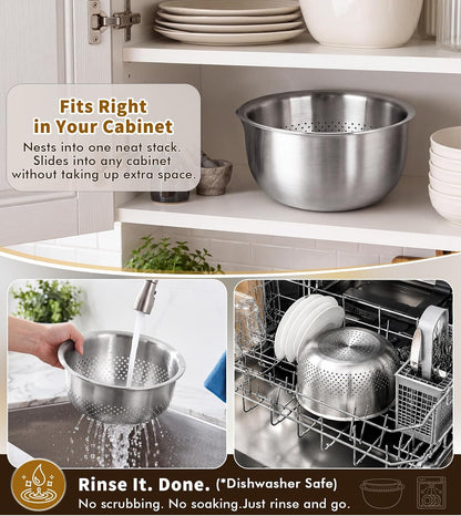 304 Stainless Steel Fine Mesh Colander Set, 1QT Large Capacity Strainer with Mixing Bowl, Rust Resistant Metal Strainer Bowl for Rinse Fruits, Veggies, Rice & Drain Pasta, Cooking, Dishwasher Safe