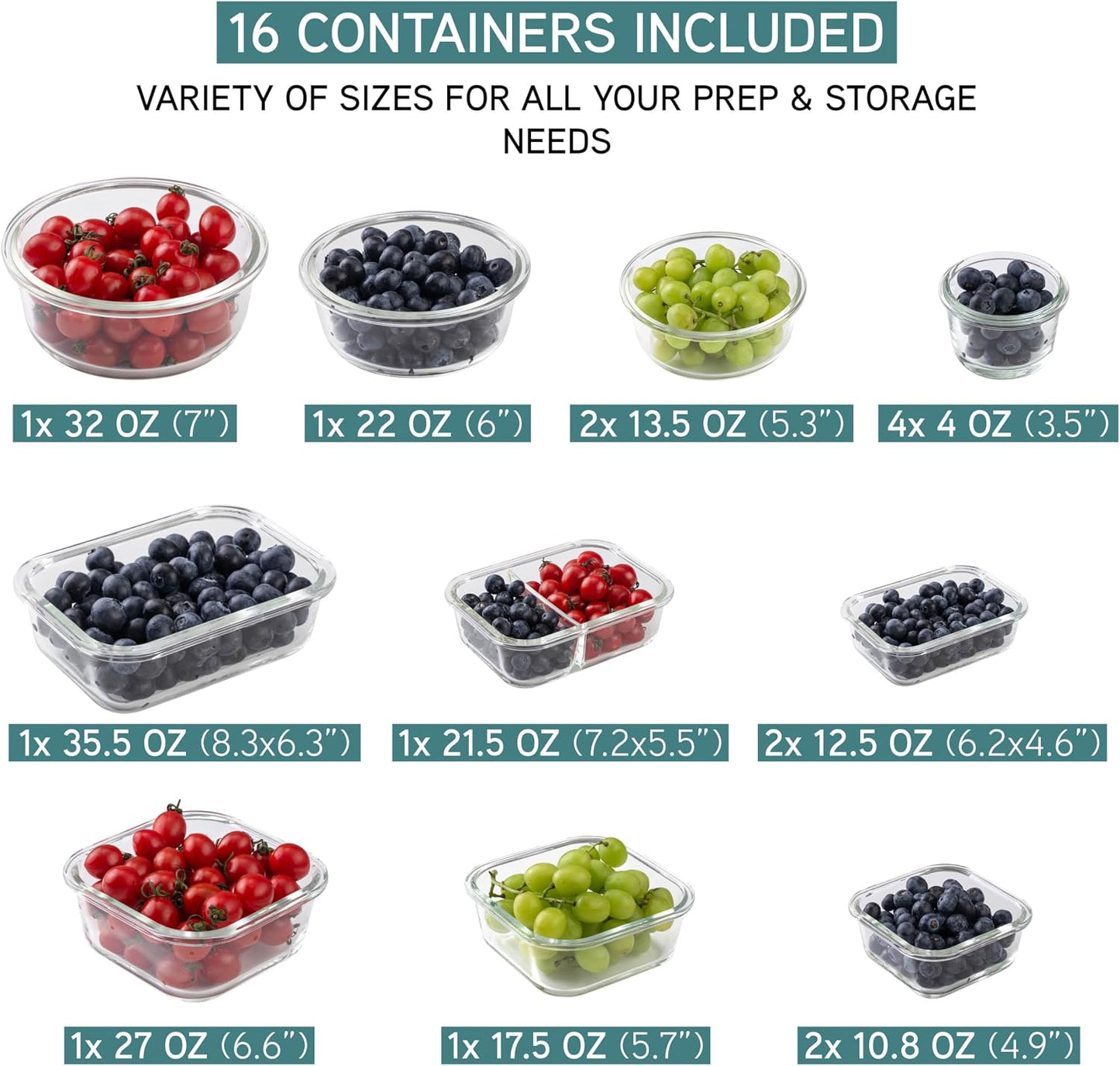 COOK WITH COLOR Premium 32-Pc. Borosilicate Glass Food Container Set with Dividers - 4 Rectangles, 8 Rounds, 4 Squares - Leakproof Lids - Meal Prep, Storage, Grey