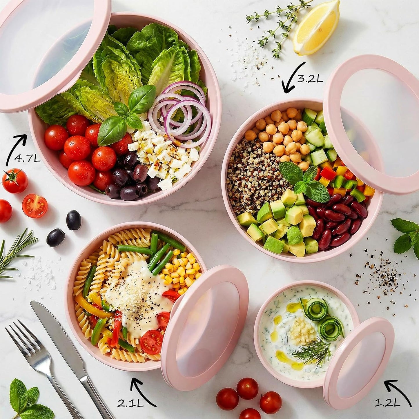 BoxedHome Plastic Mixing Bowls with Lids Set,4.97QT Large Capacity Deep Nesting Bowl,8 Pieces Set BPA-Free Prep Bowls,Dishwasher & Microwave Safe,Beige