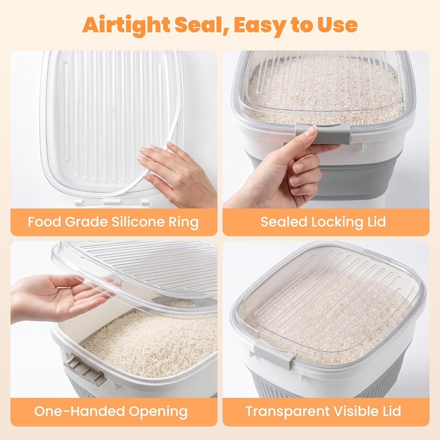 50 Lbs Rice Storage Container with Wheels, Collapsible Airtight Rice Holder with Transparent Lid, Measuring Cup, Scoop, Handle, BPA Free Food Storage Container for Pet Food, Grain, Bird Seed