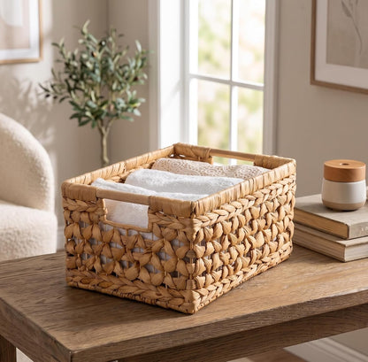 11.6” NAYA Shelf Basket with Handles, Handwoven Water Hyacinth Storage Basket Organizer for Shelves, Closet, Pantry & Nursery, Wicker Basket Bin